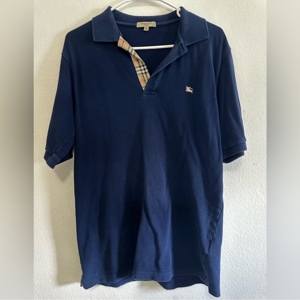 Burberry Dark Blue Polo Shirt with Check Collar